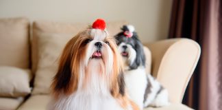 pareja de perros Shih tzu sobre el sofa de casa